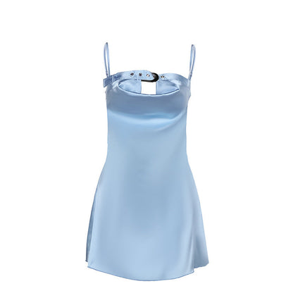 Kvinnors Glittrig Miniklänning Satin V-hals Justerbara Spaghetti-bärare-6