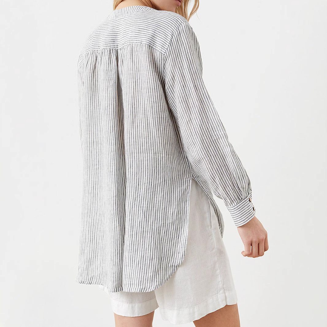 Herrskjorta Halvöppen Randig Bomull Långa Ärmar-4