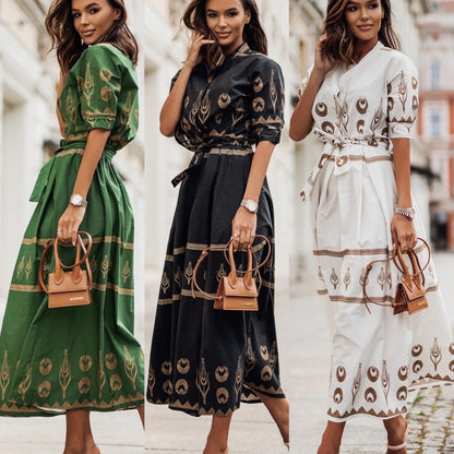 Damklänning A-linjeformad Etniskt Tryck Polyester Långa Ärmar-2