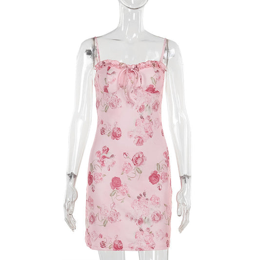 Kvinnors Miniklänning Blommigt Tryck Justerbara Spaghetti Bärar Lätt Tyg-1