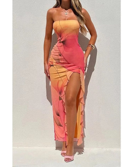 Damklänning Off-Shoulder Sidentryck Polyester Lång BodyCon-1