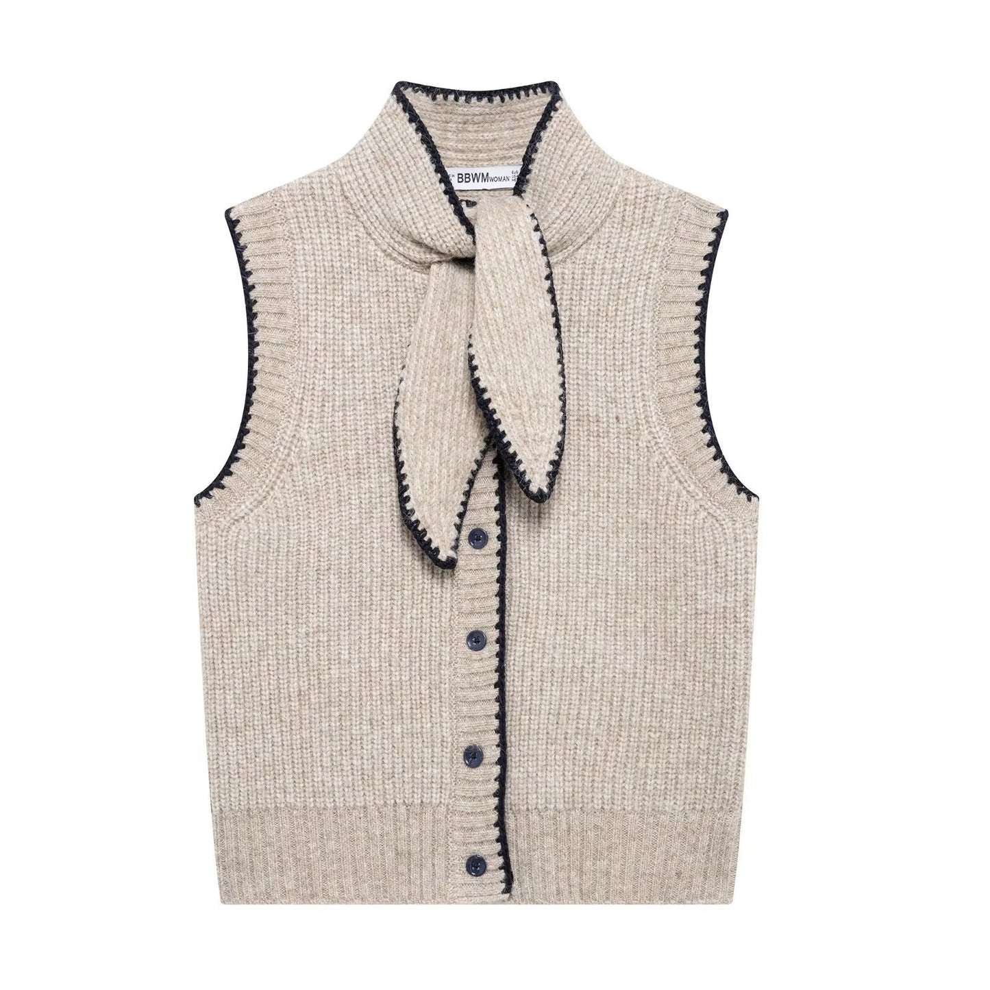 Ärmlös Cardigan Dam i Khaki med Diamantmönster och Halv Ståkrage - Stickad One-Piece Design 5