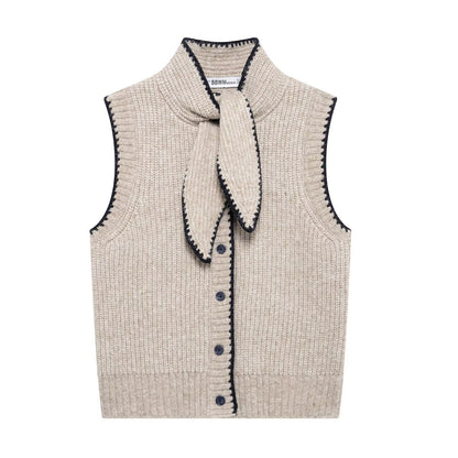 Ärmlös Cardigan Dam i Khaki med Diamantmönster och Halv Ståkrage - Stickad One-Piece Design 5