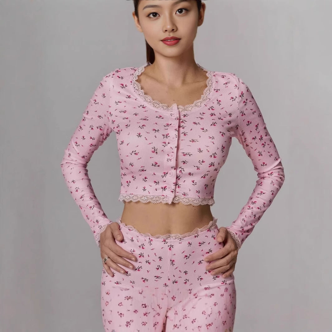 Dam Loungewear Set Blommig Långärmad Polyester-5