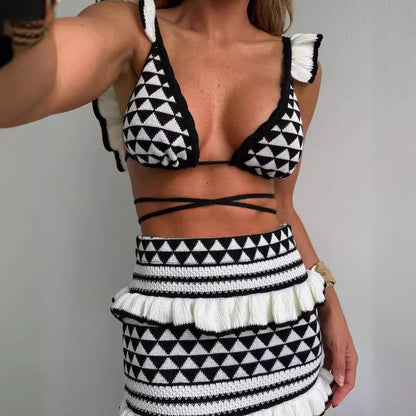 Maxikjol och Crop Top Set för Damer – Andningsbar Bomull, Justerbara Axelband, Geometriska Mönster, Perfekt för Sommaren 2