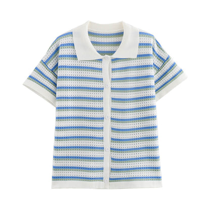 Dam Shorts Set Randig Stickad Topp 100% Bomull Avslappnad Passform-6