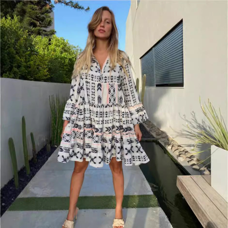 Dam MIDI-klänning V-ringad A-linjeformad Polyester med Tre Fjärdedelar Ärmar-4