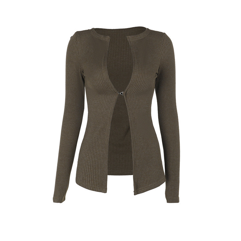 Långärmad Damjacka med Öppen Design i Stretchigt Material – Figur-Huggande Passform för Elegant och Avslappnad Stil 6