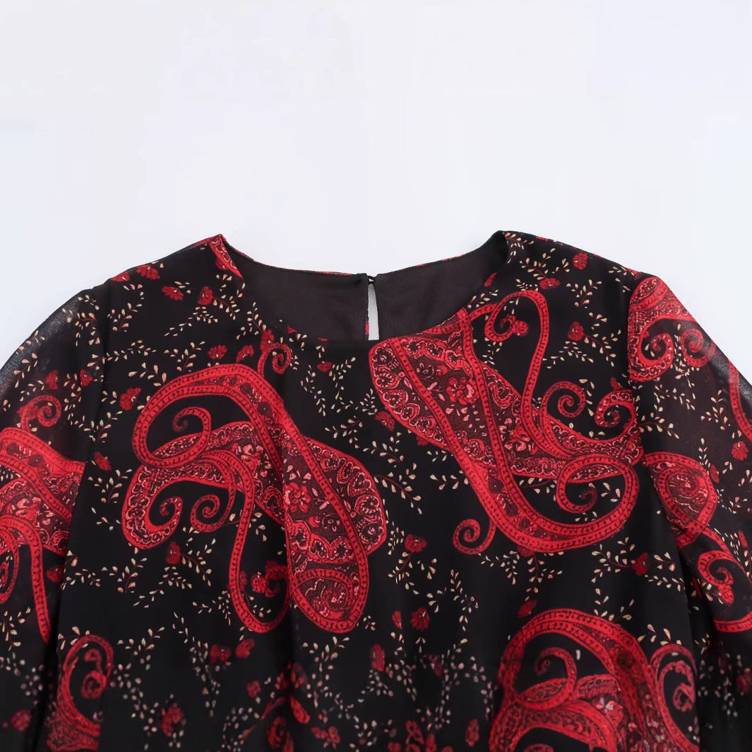 Damklänning A-Line Blommig Chiffong Midi med Långa Ärmar-2