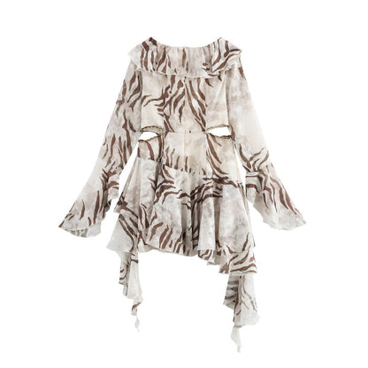 Kvinna Midi Klänning Leopardmönster Långärmad Polyester-3