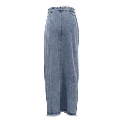 Dam Midi Kjol Jeans med Frontslits Denim-5