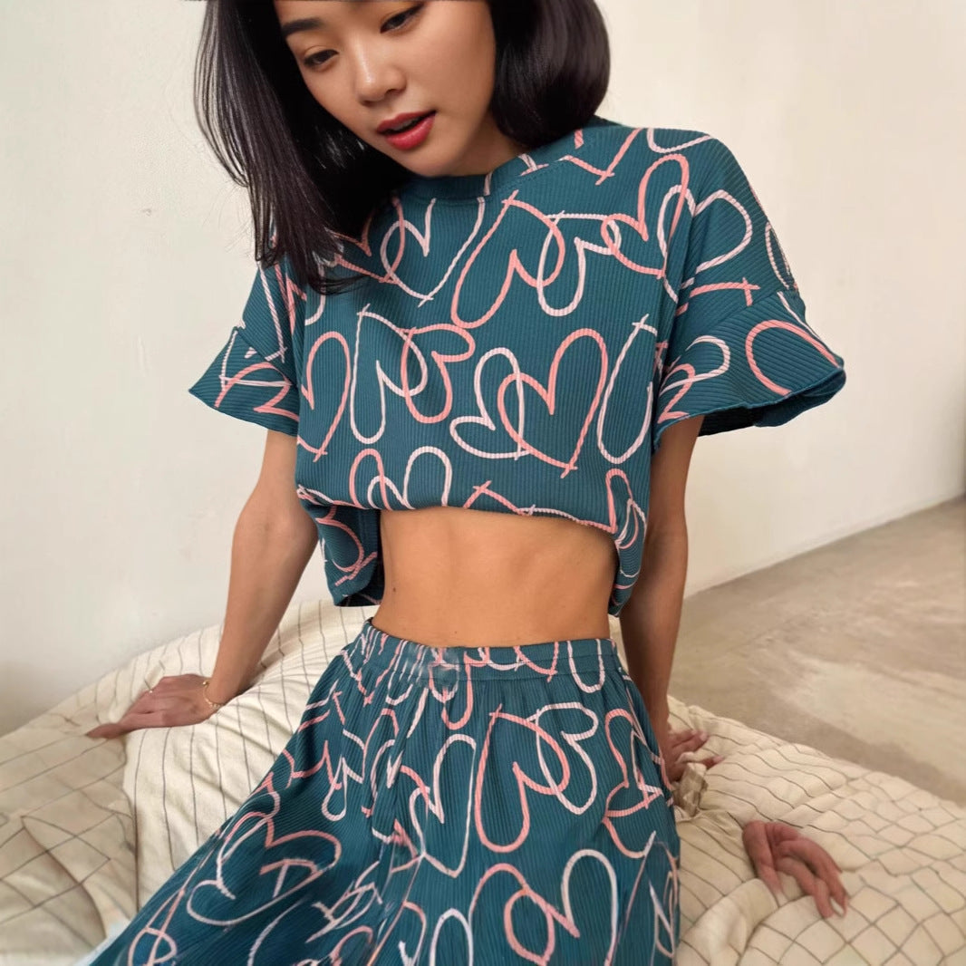 Kvinna Casual Set Geometriskt Mönster Polyester Korta Ärmar-5