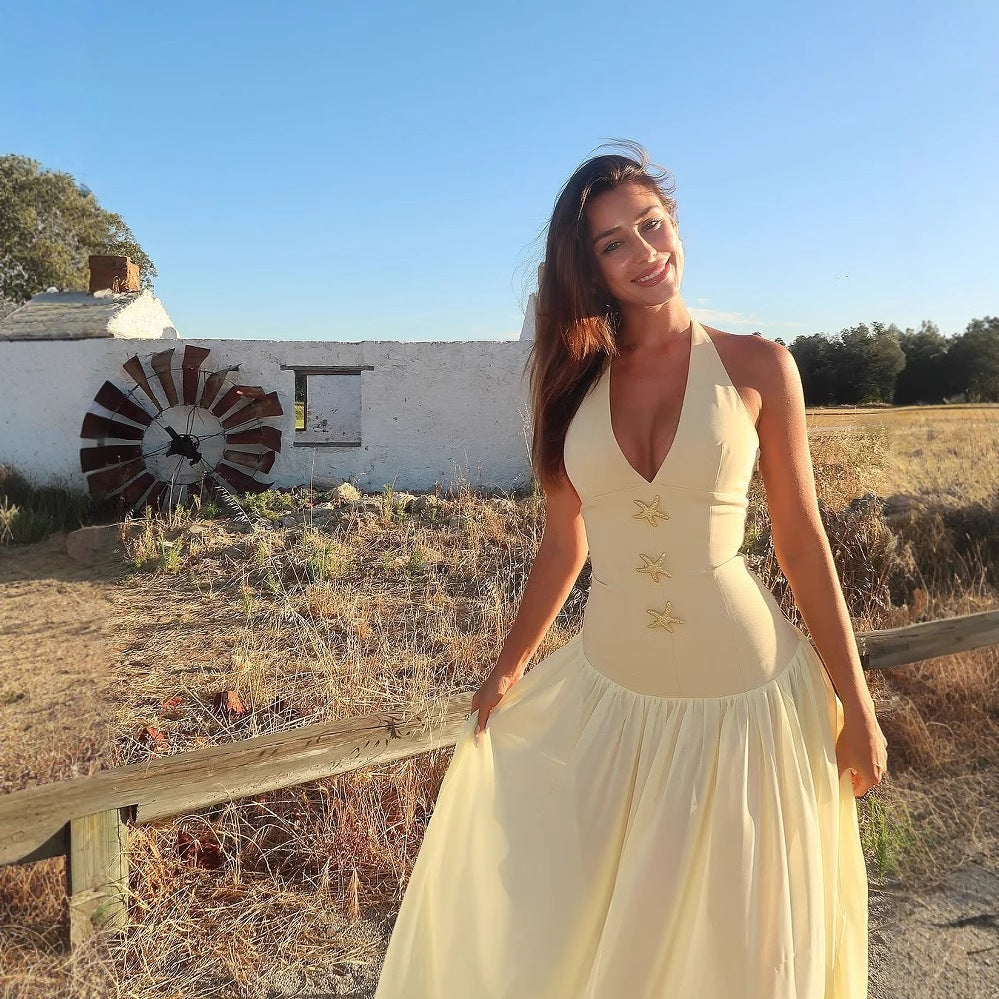 Sommarklänning Dam Djup V-ringning med Dekorativa Knappar Mjukt Tyg 2