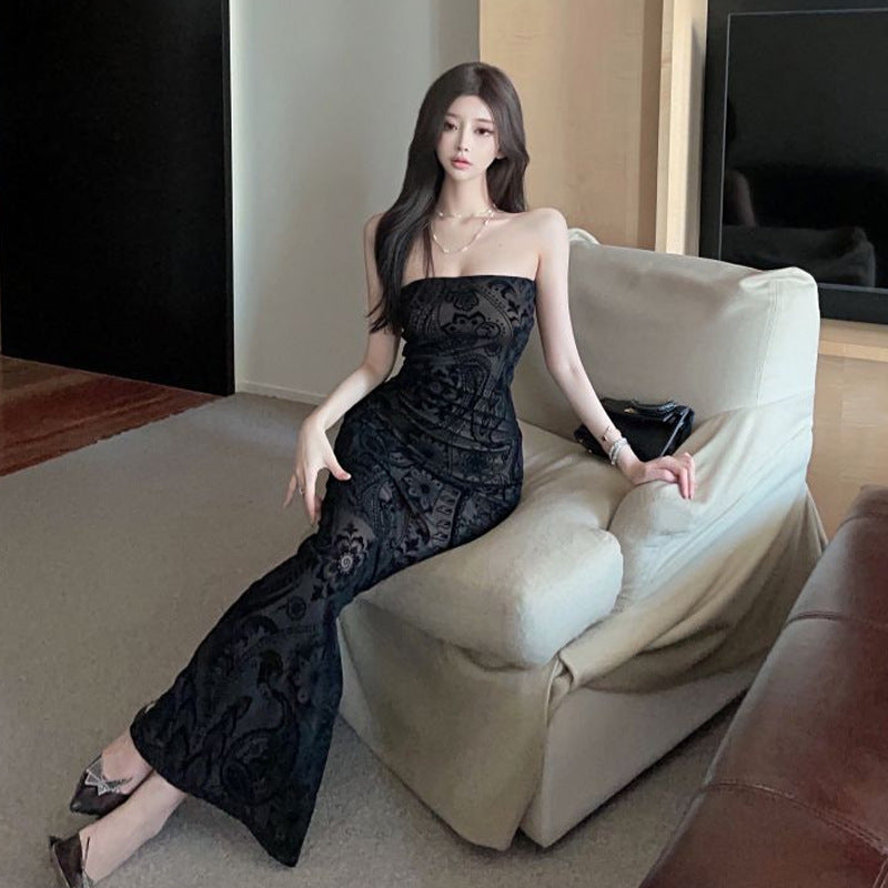 Kvinnors Lång Klänning Off-Shoulder Patchwork Polyester Bomull-4