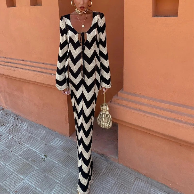 Dam Stickad Klänning Chevronmönster Djup V-hals Bomullsblandning-3