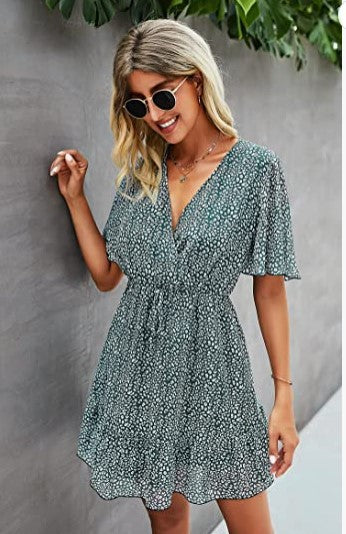 Dam Wrap Klänning Sommar Korta Ärmar Lätt Tyg 6