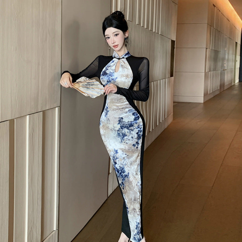 Bodycon Klänning för Kvinnor med Långa Ärmar och Ståkrage – Tryckt Mönster i Högkvalitativ Polyester 1