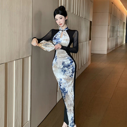 Bodycon Klänning för Kvinnor med Långa Ärmar och Ståkrage – Tryckt Mönster i Högkvalitativ Polyester 1