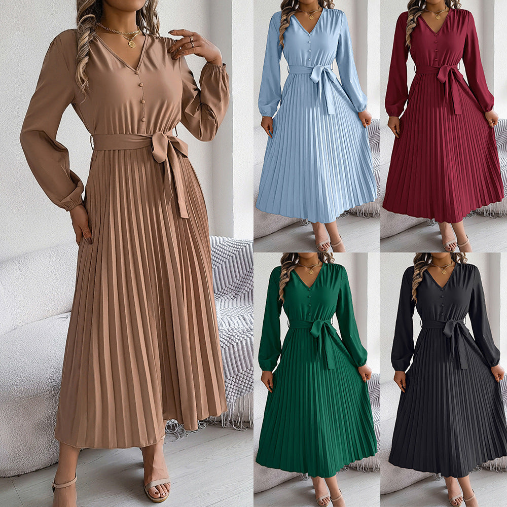 A-linjeformad Veckad Dam Klänning med Långa Ärmar i 100% Polyester – Elegant och Mångsidig Klänning för Fest och Vardag 2