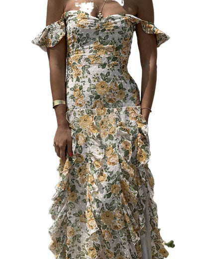 Kvinna Midi Klänning Off-Shoulder Blommönster Polyester-4