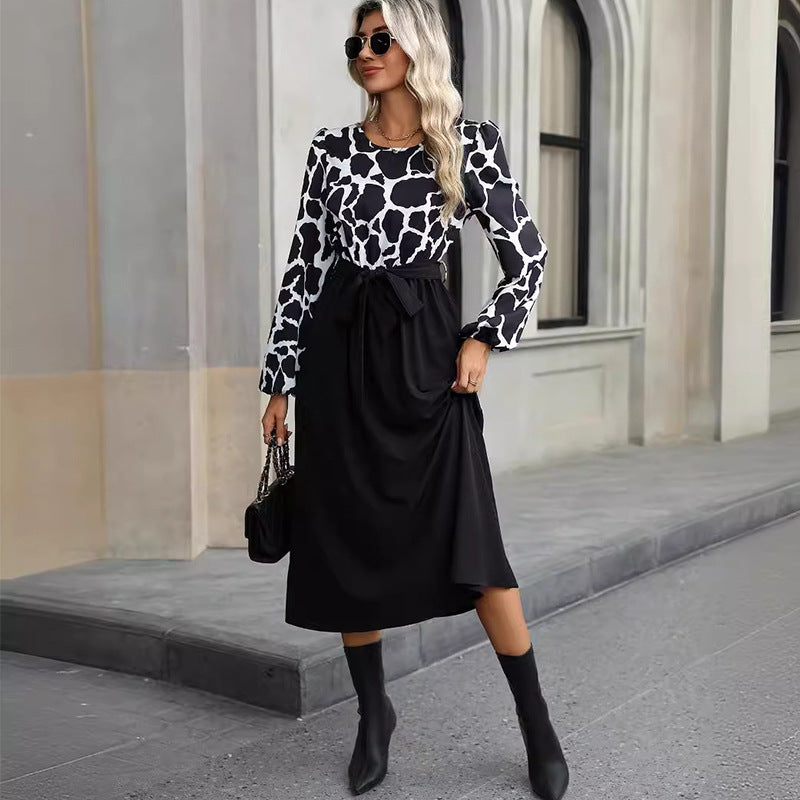 Dam A-linjeklänning Leopardmönster Midi Långärmad Vävt Tyg-3