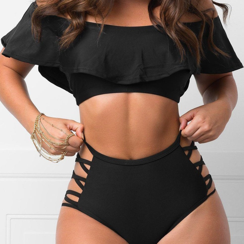 Bikiniuppsättning för Damer med Ruffles och Slitsdetaljer i Syntetisk Fiber – Perfekt för Strand och Pool 4