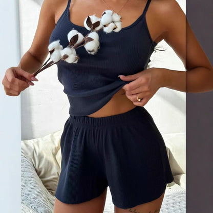 Dam Pyjamas Set ärmlös Shorts Polyester Avslappnad Stil 2