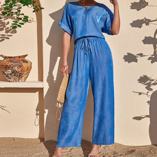 Kvinnors Tvådelad Sats Kortärmad Topp Bredbensbyxor Satin-1