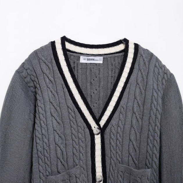 Kvinnors Cardigan Flätmönster Bomullsmix med Kontrastdetaljer-3