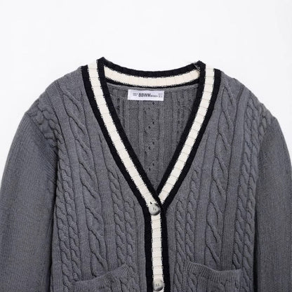 Kvinnors Cardigan Flätmönster Bomullsmix med Kontrastdetaljer-3