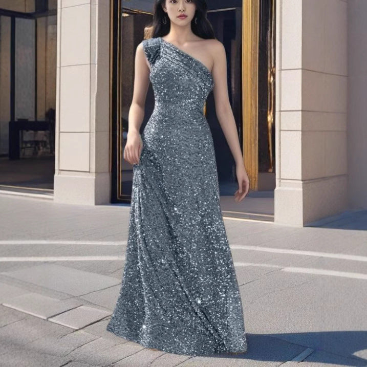 Dam A-linjeformad Aftonklänning Asymmetrisk Polyester med Glittrande Detaljer-4