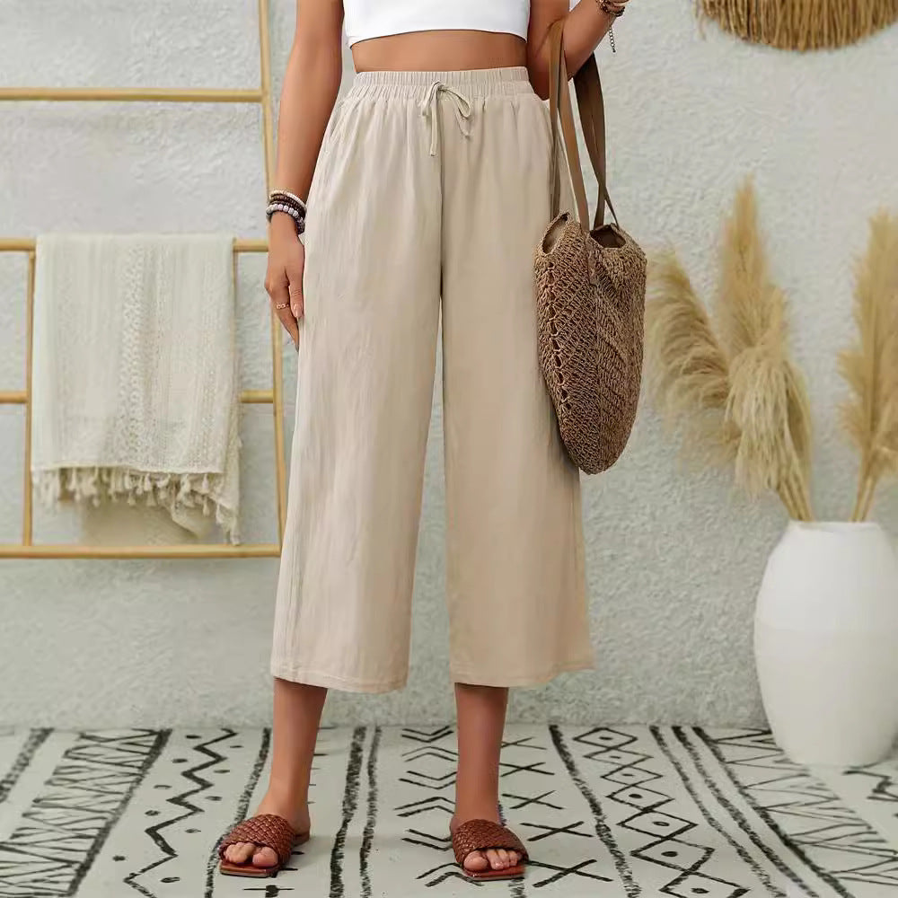 Dam Byxor Med Resår I Midjan Snygga Bred Snitt Andningsbart Linne 4