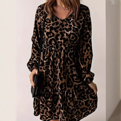 Kvinna Midiklänning V-Hals A-Linjeformad Polyester Leopardmönster-2