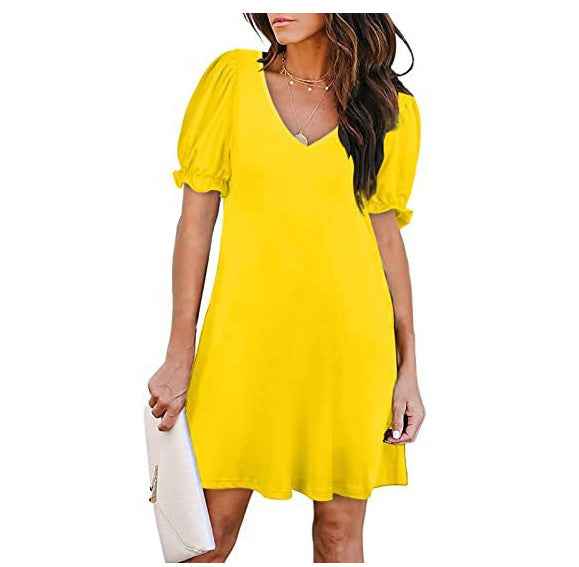 Kvinna Kort Armklänning V-ringning Lätt Tyg Puffade Ärmar 9