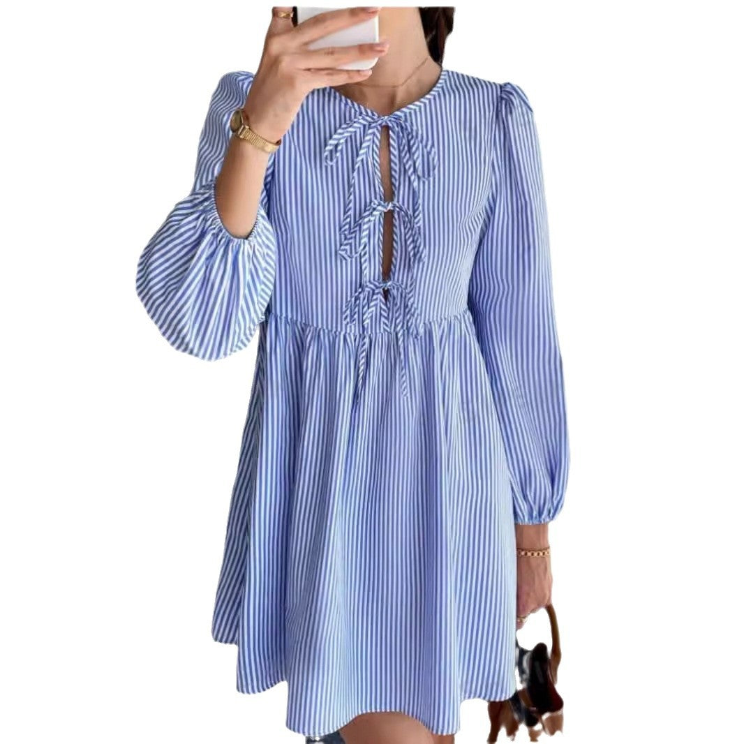 Kvinnors Midi Klänning Puffärmar Randig Bomullsblandning-6