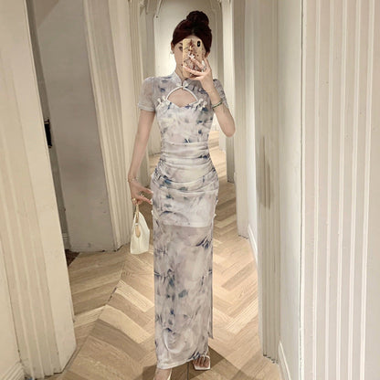 Elegant Cheongsam Klänning med Ihålig Midja och Sidospalt – Lång Klänning i Polyester och Spandex för Kvinnor 3