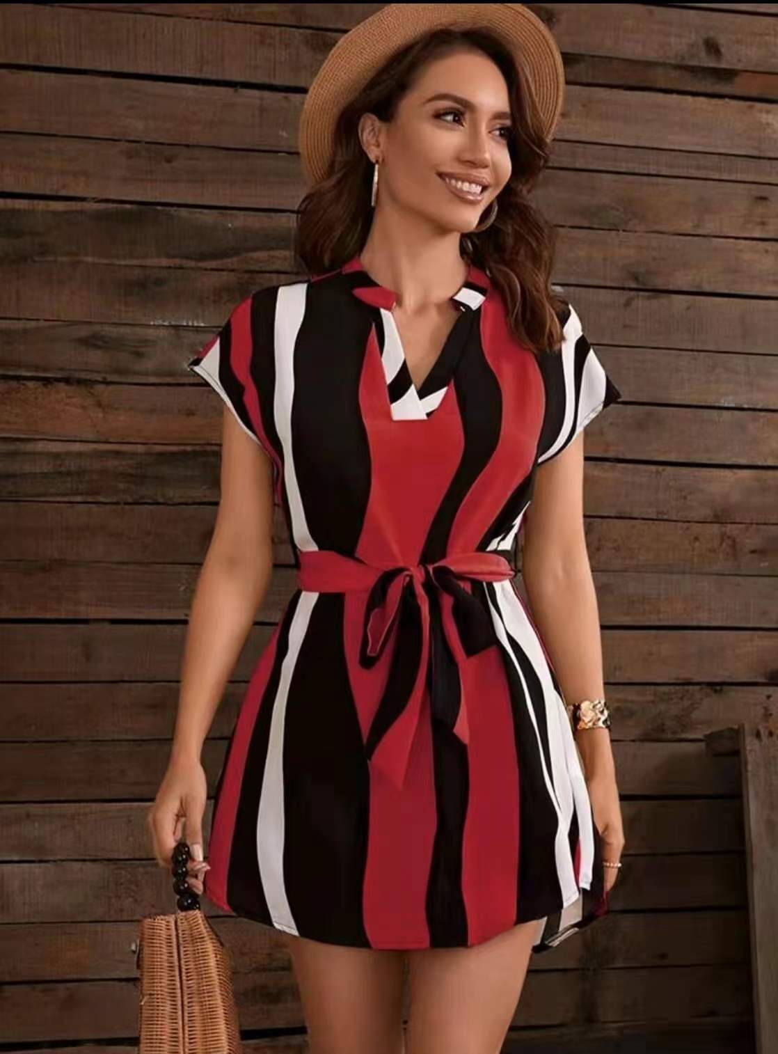 Variant image for Kvinnors Midi Klänning A-Line V-ringad Polyester Randig-5