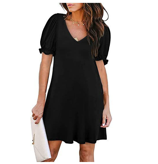 Kvinna Kort Armklänning V-ringning Lätt Tyg Puffade Ärmar 14