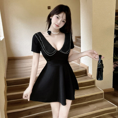 Variant image for Damklänning Mini Djup V-Krage Polyester Svängande Stil-4