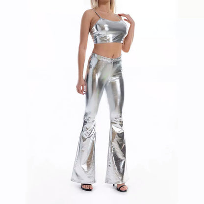 Damkläder Set med Crop Top och Flared Byxor i Elastiskt Tyg – Metallisk Finish för Sommarkläder 2