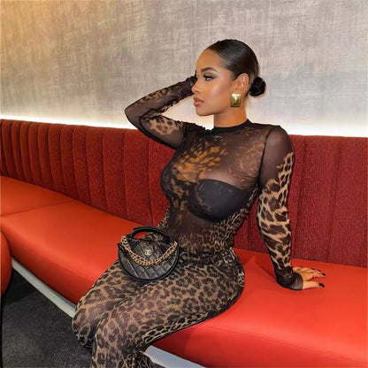 Dam Leopardprint Topp och Byxor Set Spandex Polyester-3