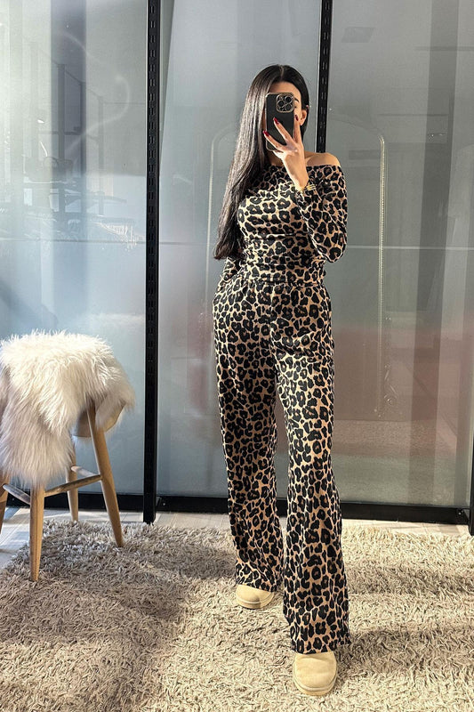 Matchande Set Dam Långärmad T-shirt och Byxor Spandex Leopardmönster-1