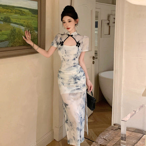 Kvinna Cheongsam Klänning Ihåligt Tryck Polyester Ståkrage 1