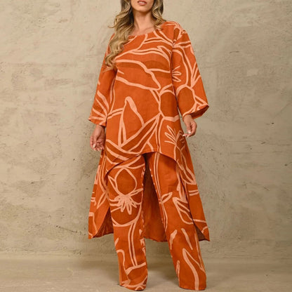 Variant image for Dam Oregelbunden Topp och Hög Spolade Byxor Blommigt Polyester Fritid-5