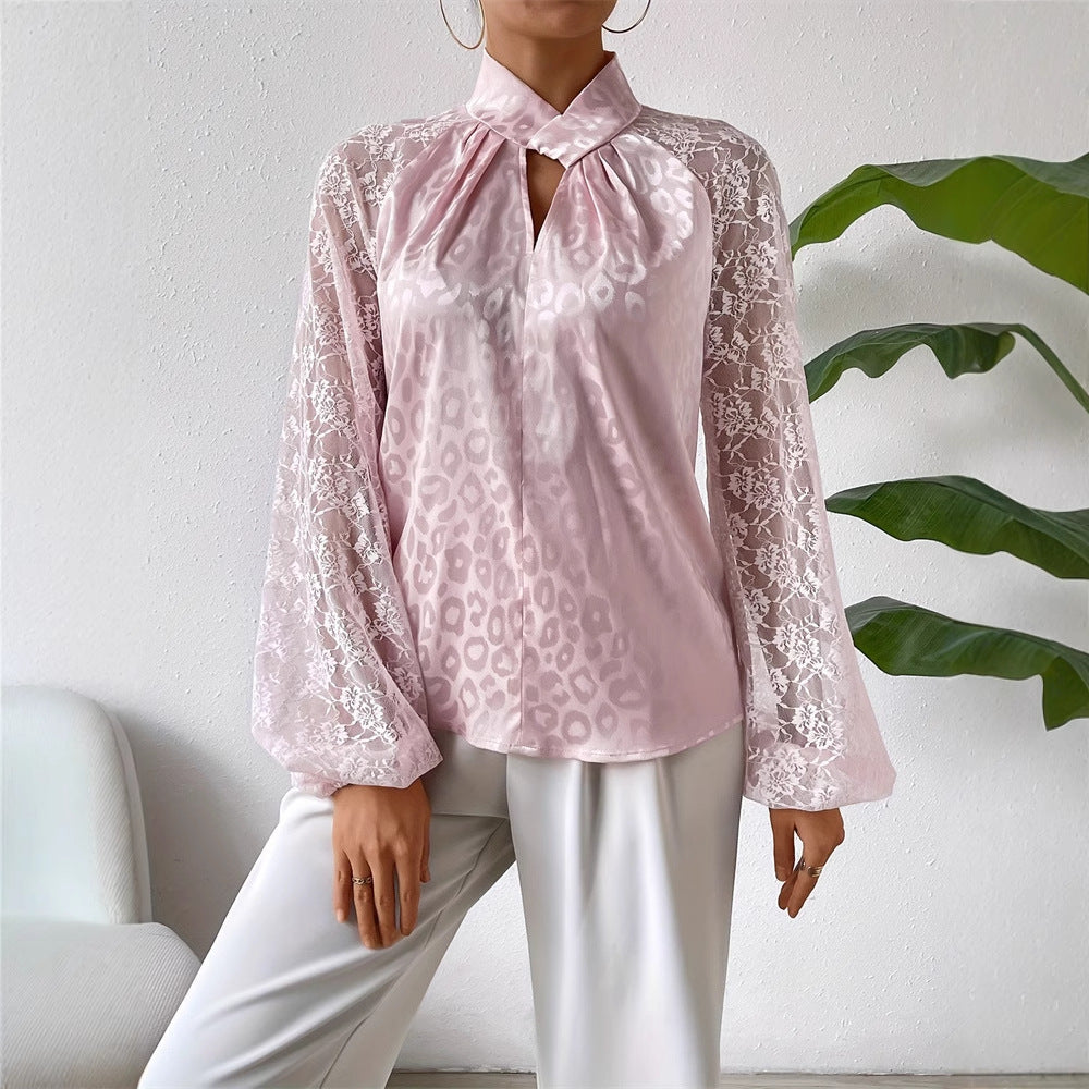 Kvinnors Blus Transparenta Spetsärmar Ståkrage Lätt Tyg 2