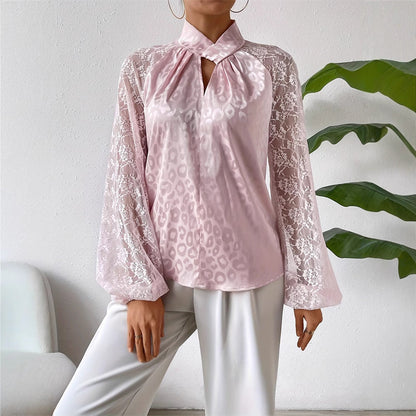 Kvinnors Blus Transparenta Spetsärmar Ståkrage Lätt Tyg 2