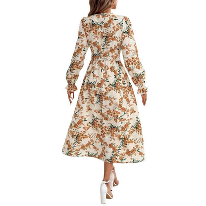 Dam A-linjig Klänning med V-ringning Lång Ärme Polyester Tryck-6