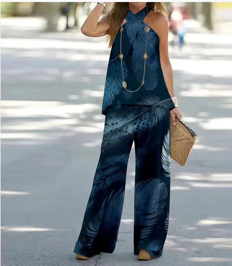 Kvinnors Två Delar Set med 3D-tryck, Ärmlös Topp och Elegant Pendeltdragning – Högkvalitativt Tyg, S-XL, Flera Mönster 9