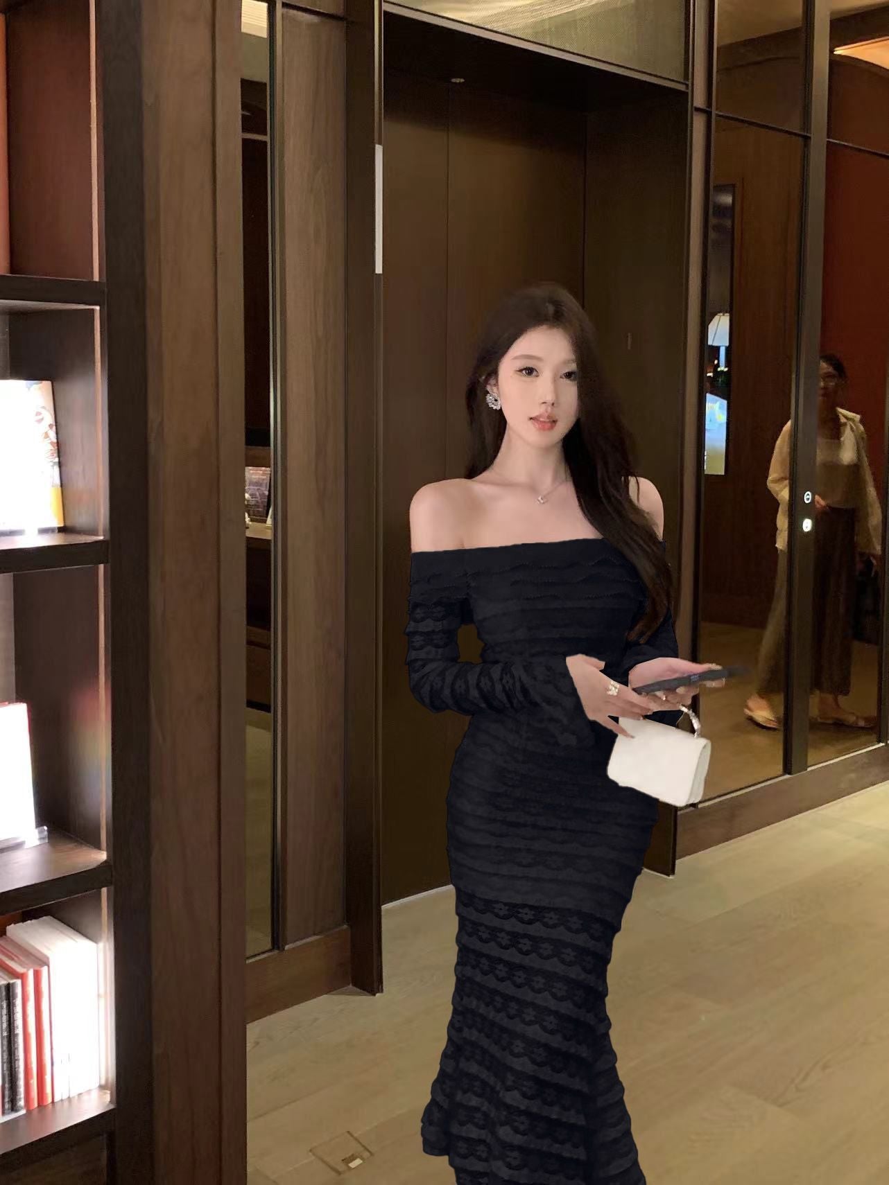 Kvinna Lång Klänning Ruffle Axelbandslös Polyester-4