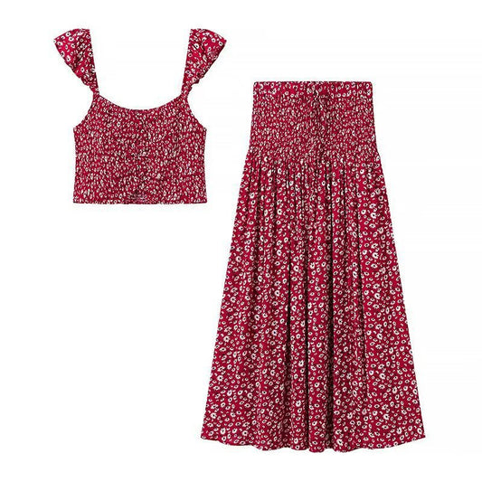 Blommig Damuppsättning med Crop Top och Midi Kjol – Andningsbart Tyg, Elastiskt Midjeband, Perfekt för Sommarutflykter 1